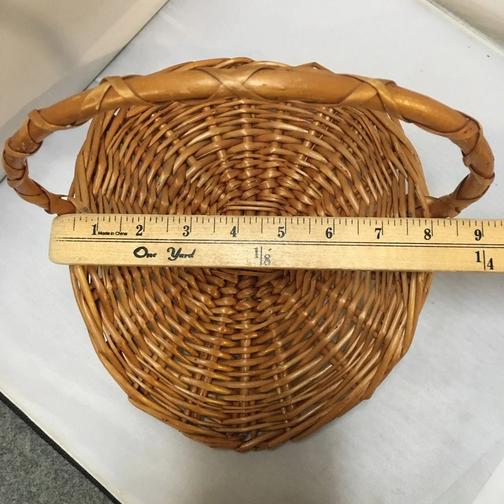 Wicker Gathering Basket Unisex Small Brown Saddle Rim Braided Handle Cottagecore